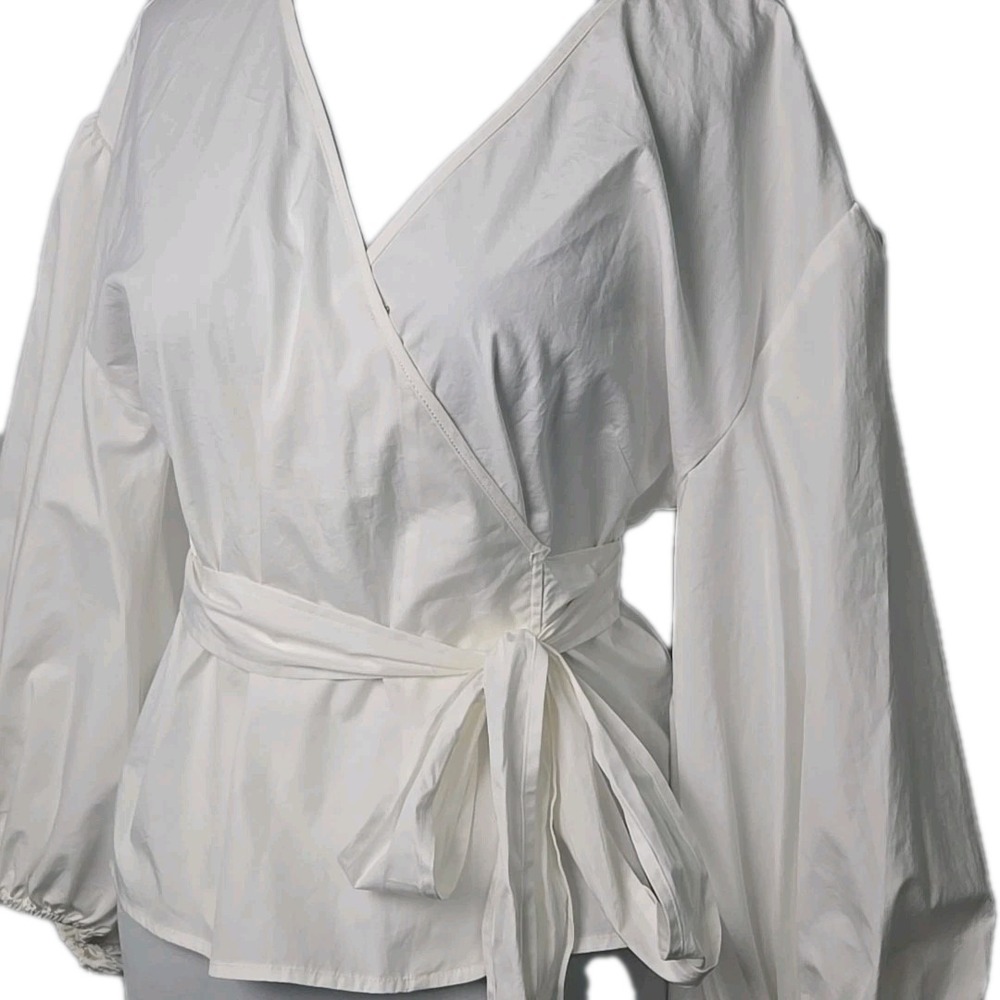 MK Michael Kors White Poplin Cotton‎ Puff Sleeve Wrap Top Large  L New $145 - Picture 3 of 10